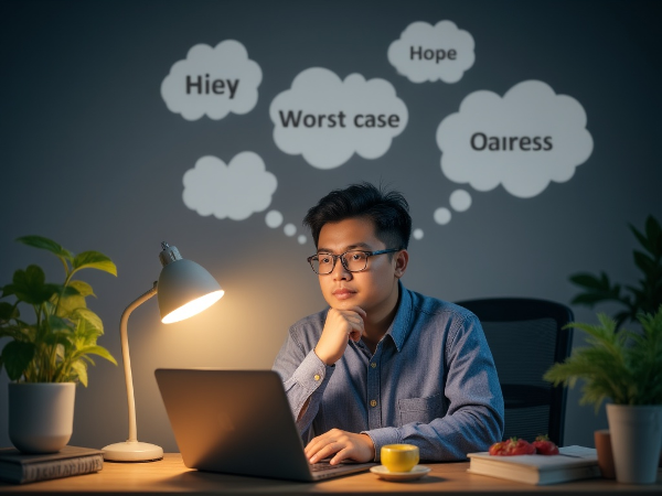 Một người đàn ông trung niên tại bàn làm việc, ánh sáng ấm áp xua tan những lo lắng về sự nghiệp, tập trung vào nhật ký thành công và bữa ăn lành mạnh.