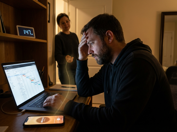 Một người đàn ông trầm tư đối mặt với áp lực công việc và vấn đề thân mật, với sự hỗ trợ từ bạn đời và ánh sáng của sự kết nối cảm xúc.