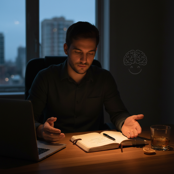 Một người đàn ông trẻ chọn viết nhật ký biết ơn thay vì uống rượu sau giờ làm, thể hiện bước chuyển từ chối sang thực hành chánh niệm.