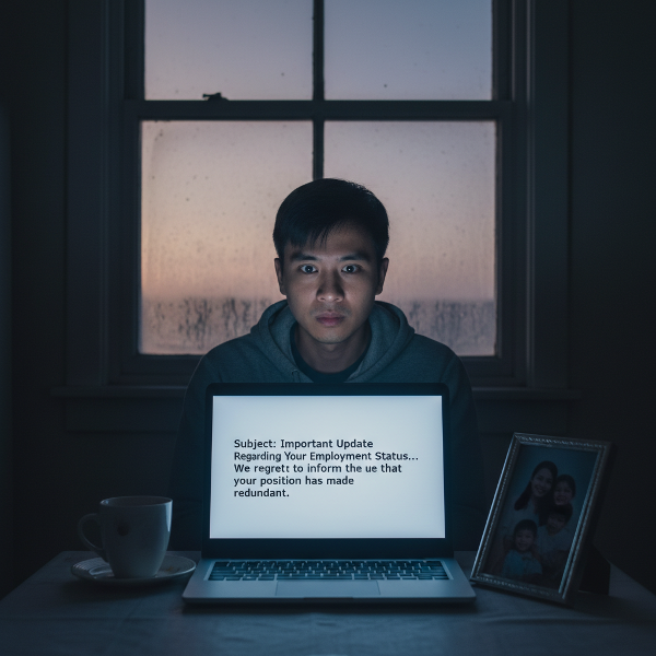 Một người đàn ông trung niên ngồi thất thần trước màn hình máy tính với email sa thải trong đêm khuya, bên cạnh là tách cà phê nguội và khung ảnh gia đình, ánh sáng bình minh ló dạng qua cửa sổ.