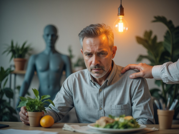 Một người đàn ông trung niên căng thẳng trong văn phòng, với biểu tượng ánh sáng và hình ảnh đại diện cho sự kiệt sức tinh thần và các chiến lược tìm lại cân bằng.