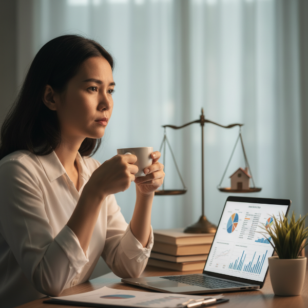 Một phụ nữ 46 tuổi trong văn phòng, suy tư về áp lực thăng tiến và cân bằng cuộc sống, với ánh sáng ấm áp và biểu tượng cân bằng.