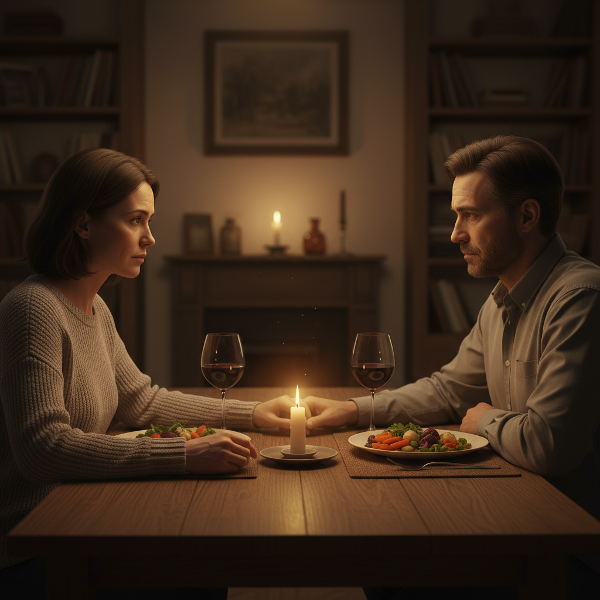 Một người phụ nữ trung niên và chồng ngồi cùng bàn, không gian yên tĩnh với ánh sáng ấm áp, thể hiện khoảng cách nhưng cũng có hy vọng hàn gắn thông qua những cử chỉ nhỏ.