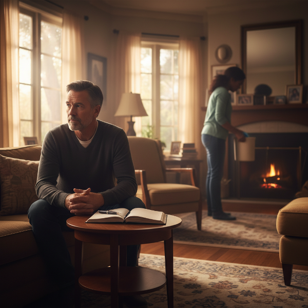 Người đàn ông trung niên trầm tư trong không gian gia đình, tìm cách vượt qua rào cản cảm xúc để kết nối với người vợ.