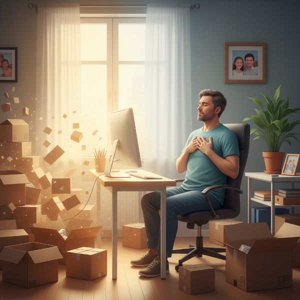 Hình ảnh minh họa quá trình can thiệp tâm lý giúp một người đàn ông trung niên thoát khỏi chu kỳ nghiện mua sắm trực tuyến do căng thẳng, thông qua việc dọn dẹp không gian, quản lý căng thẳng và hàn gắn gia đình.