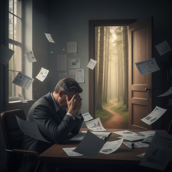 Một người đàn ông trung niên trong văn phòng tối, đối mặt với hậu quả của một vụ bê bối tài chính, nhưng có ánh sáng hy vọng và con đường phía trước.