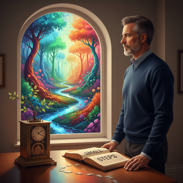 Một người đàn ông trung niên trong không gian quen thuộc nhìn ra thế giới sống động bên ngoài, với biểu tượng cây non mọc từ chiếc đồng hồ, đại diện cho sự thay đổi và tăng trưởng từ những bước nhỏ.