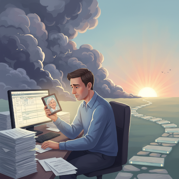 Một người đàn ông trung niên trong văn phòng, bị áp lực công việc và chăm sóc mẹ già bao quanh, với hình ảnh tương phản giữa sự mệt mỏi và con đường nhỏ dẫn đến hy vọng.