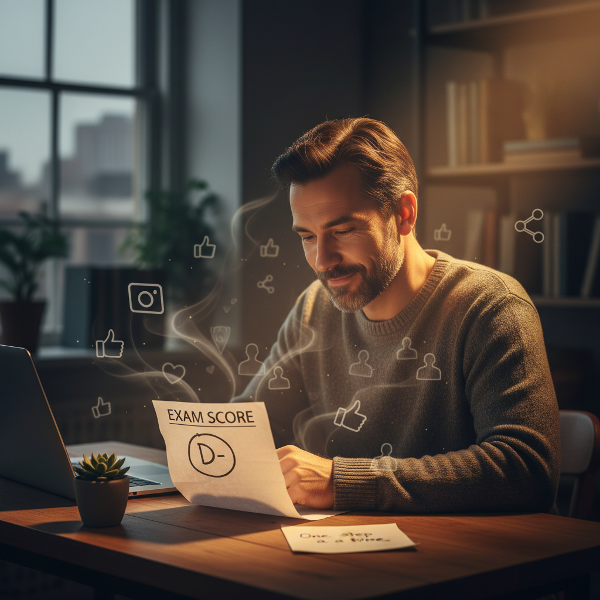 Một người đàn ông trung niên trầm tư trước màn hình máy tính và bài thi điểm thấp, với ánh sáng ấm áp tượng trưng cho sự phục hồi lòng tự trọng.