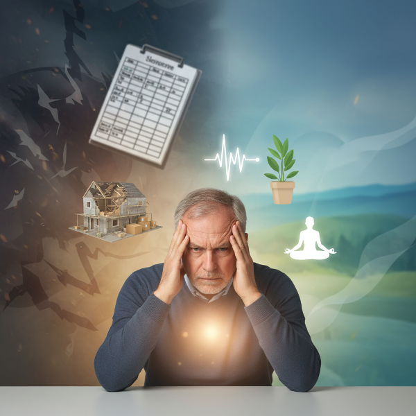 Một người đàn ông trung niên đang đối mặt với căng thẳng do thay đổi, được bao quanh bởi các biểu tượng của sự hỗn loạn và bình yên, với ánh sáng tỏa ra từ trái tim thể hiện sự chữa lành tâm thể.