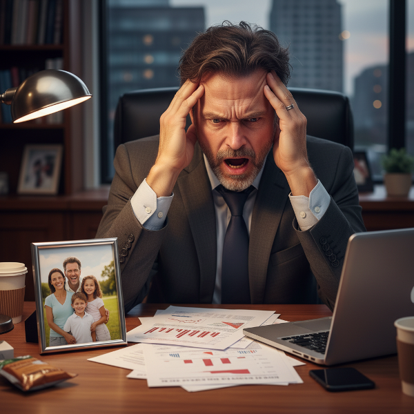Một người đàn ông trung niên ngồi bàn làm việc, vẻ mặt căng thẳng và tức giận, ảnh gia đình gần đó.