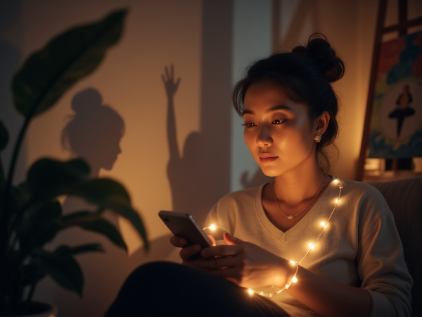 Một phụ nữ trung niên ngồi suy tư với điện thoại, xung quanh là hình ảnh mờ nhạt của lời khen từ đồng nghiệp và các hoạt động tích cực như yoga, vẽ tranh đang tỏa sáng, thể hiện hành trình tái xây dựng sự tự tin.