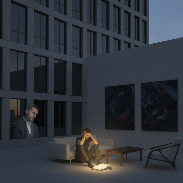 Một kiến trúc sư trung niên đối diện với sự trống rỗng của công việc và nỗi cô đơn trong căn hộ, với ánh sáng hy vọng le lói từ việc sáng tạo.