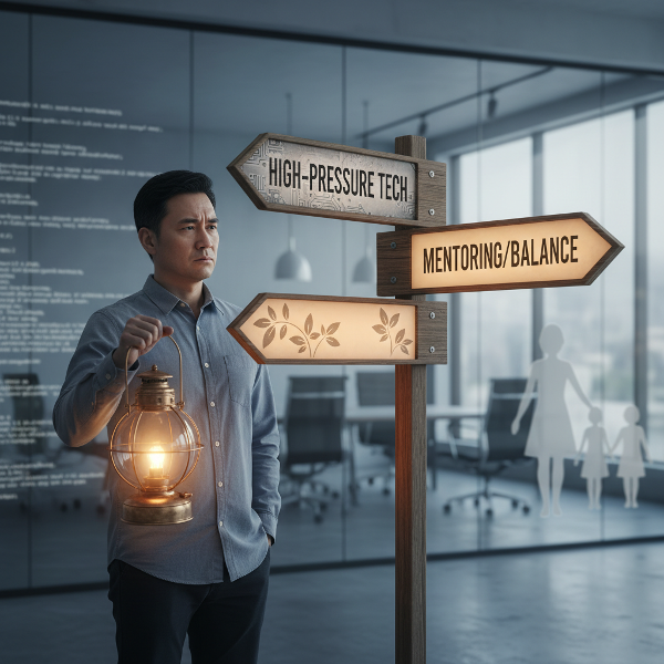 Một chuyên gia công nghệ trung niên đứng trước ngã rẽ sự nghiệp, cầm đèn trí tuệ, với áp lực công việc và gia đình xung quanh.