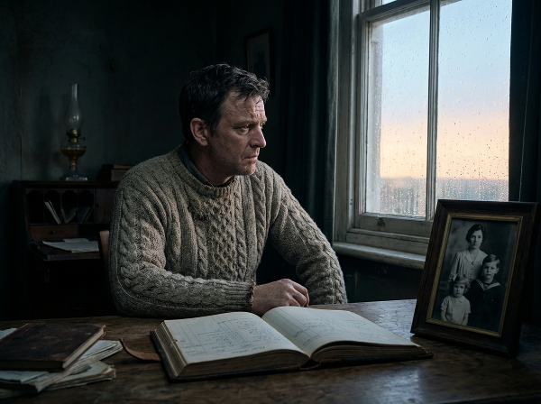 Một người đàn ông trung niên trong đêm khuya, đối mặt với áp lực công việc và gia đình, với ánh sáng bình minh ló dạng mang đến hy vọng.