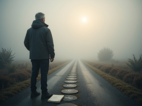 Một người đàn ông trung niên đứng trước ngã rẽ trong cảnh sương mù, chiêm nghiệm về hướng đi mới với ánh sáng hy vọng và những bước khám phá bản thân.