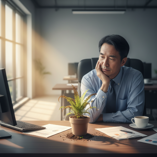 Một người đàn ông trung niên trong văn phòng tìm lại sự cân bằng và nhiệt huyết dưới ánh sáng ấm áp.