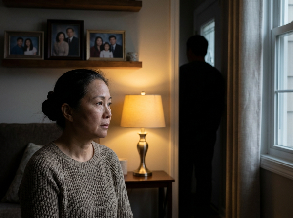 Một người phụ nữ trung niên đang suy tư về mối quan hệ hôn nhân, với ánh sáng ấm áp tượng trưng cho hy vọng hàn gắn.