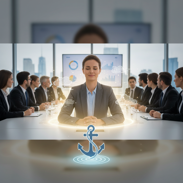 Một phụ nữ trẻ thực hành thiền chánh niệm để vượt qua lo âu trong cuộc họp đông người, với hình ảnh minh họa sự chuyển từ căng thẳng sang bình tĩnh và tự tin.