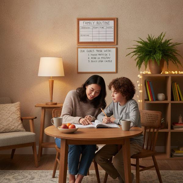 Hình ảnh một người mẹ và con cùng ngồi bàn học, thảo luận trong không khí ấm áp, hỗ trợ để vượt qua sự trì hoãn.