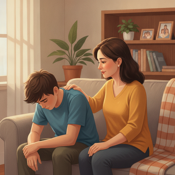 Hình ảnh mẹ và con trai ngồi bên nhau, mẹ đặt tay an ủi, con trai cúi đầu với vẻ tổn thương, bối cảnh phòng khách ấm áp, thể hiện sự quan tâm và hỗ trợ tinh thần.