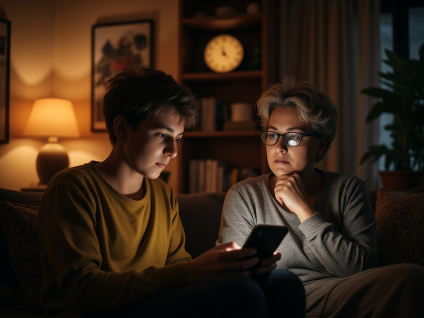 Một nhà tâm lý học trung niên ngồi trong phòng khách, nhìn con trai tuổi teen đang chăm chú chơi game trên điện thoại, thể hiện sự lo lắng và suy tư về thói quen sử dụng thiết bị của con.