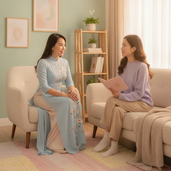 Hình ảnh nhà tâm lý học Ánh Sáng đang tư vấn cho Minh Anh trong không gian ấm cúng, với biểu cảm đồng cảm và ánh sáng dịu.