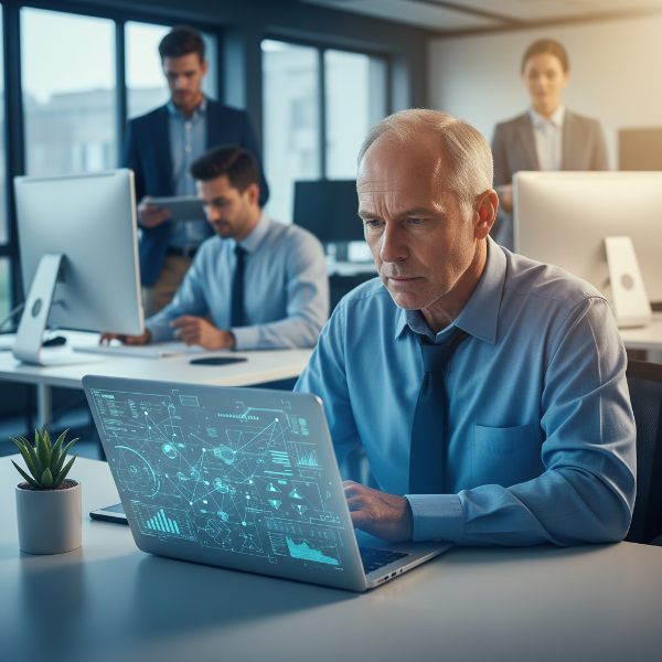 Một nhân viên trung niên trong văn phòng hiện đại, đối mặt với sự lo lắng về công nghệ mới, được ánh sáng ấm áp và biểu tượng của sự phát triển bao quanh.