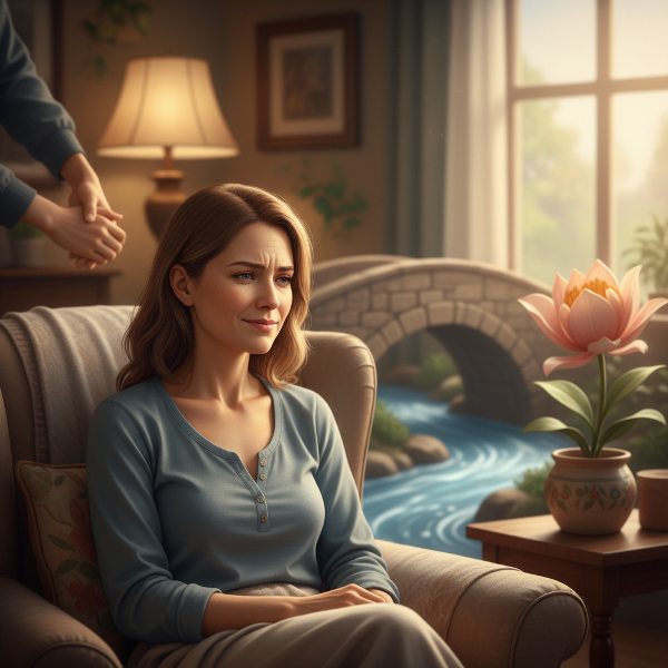 Một phụ nữ trung niên trong không gian ấm cúng, với ánh sáng dịu và các biểu tượng về giao tiếp, kết nối và sự phát triển cá nhân, thể hiện hành trình vượt qua nỗi sợ và xây dựng sự tự tin trong đời sống thân mật.