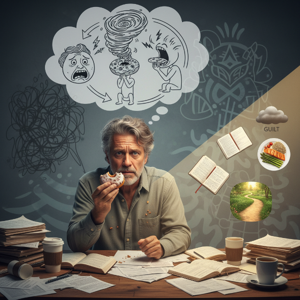 Một người đàn ông trung niên cầu toàn đang vật lộn với chu kỳ căng thẳng - ăn uống vô độ - tội lỗi, với ánh sáng hy vọng cho thấy các lựa chọn lành mạnh hơn.