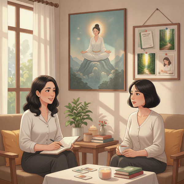 Hình ảnh bao gồm một nhà tâm lý học nữ ngồi đối diện với Mai, cùng những biểu tượng như đồng hồ cát (trì hoãn), điện thoại (lướt web), và một cây xanh tượng trưng cho sự phát triển, với ánh sáng ấm áp và không gian tĩnh lặng.