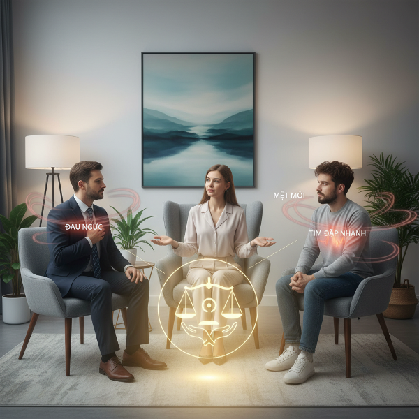 Hình ảnh minh họa một nhà tâm lý học hỗ trợ ba khách hàng với các triệu chứng cơ thể do căng thẳng, sử dụng kỹ thuật thư giãn trong một không gian yên tĩnh.