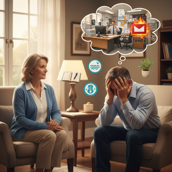 Một nhà tâm lý nữ điềm đạm lắng nghe người đàn ông trung niên căng thẳng trong văn phòng ấm áp, với các biểu tượng về nhận diện cảm xúc và kỹ thuật quản lý cơn giận.