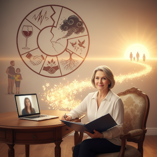 Hình ảnh minh họa một nhà tâm lý đồng hành cùng bệnh nhân nam trung niên vượt qua nghiện rượu và lo âu, trong bối cảnh gia đình có con tự kỷ, với biểu tượng về sự phá vỡ chu kỳ tái nghiện và xây dựng lại cuộc sống lành mạnh.