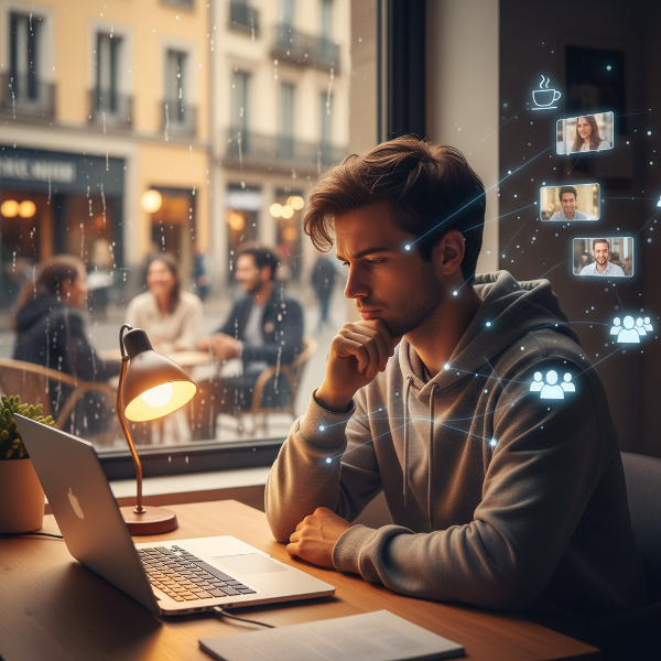 Một nhân viên trẻ làm việc từ xa cảm thấy cô đơn trong không gian cá nhân, với ánh sáng ấm áp và những biểu tượng mờ nhạt gợi ý sự kết nối xã hội có thể được xây dựng lại.