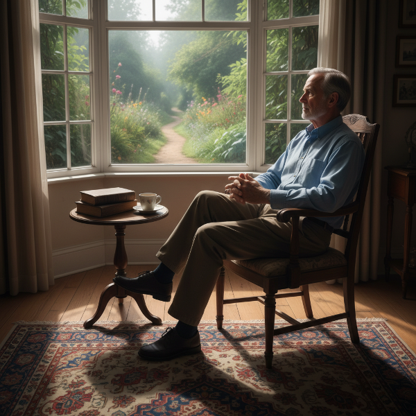 Một người đàn ông lớn tuổi trầm tư bên cửa sổ, với khu vườn và con đường phía xa, thể hiện sự chuyển tiếp sau nghỉ hưu và hy vọng mới.