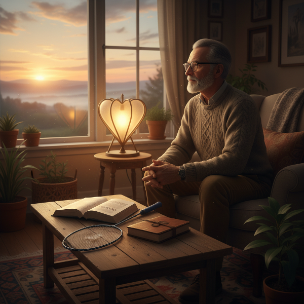 Một người đàn ông lớn tuổi vừa nghỉ hưu trong phòng khách ấm cúng, nhìn ra cửa sổ với ánh bình minh, biểu tượng cho sự chuyển tiếp và hy vọng tìm lại mục đích sống.