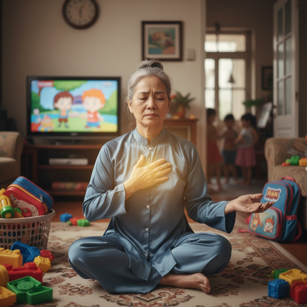 Một phụ nữ lớn tuổi tìm kiếm sự bình tĩnh giữa cuộc sống gia đình đông đúc, với ánh sáng tượng trưng cho việc quản lý cảm xúc.