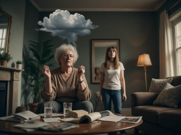 Một phụ nữ trung niên trong phòng khách, cảm thấy bất an trước sự bừa bộn và xung đột nội tâm, với hình ảnh ẩn dụ về cảm xúc.