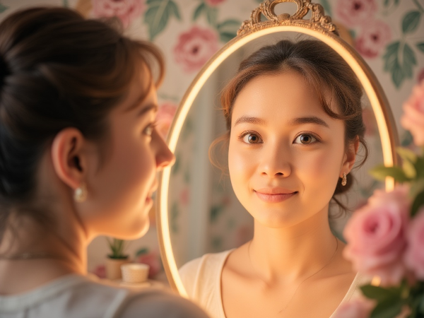 Một phụ nữ trẻ nhạy cảm nhìn vào gương, phản chiếu ánh sáng nội tâm và thông điệp tích cực, biểu tượng cho hành trình chấp nhận và yêu thương bản thân.
