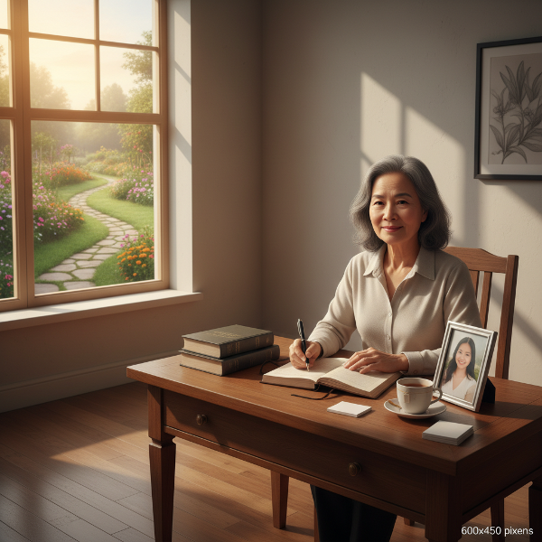 Một nhà tâm lý học điềm tĩnh ngồi trong ngôi nhà yên tĩnh lúc bình minh, viết nhật ký và nhìn về phía cộng đồng tươi sáng, tượng trưng cho hành trình tìm lại kết nối và nhịp điệu mới.