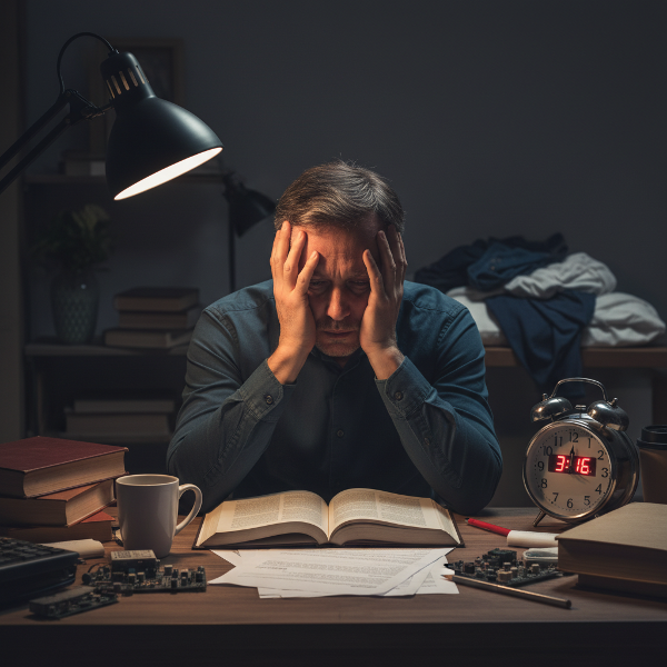 Một kỹ sư phần mềm mệt mỏi tại bàn làm việc với đầu đau và đồng hồ báo thức, thể hiện áp lực công việc và mất cân bằng.