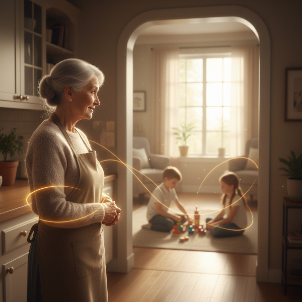 Một người phụ nữ 63 tuổi ấm áp trong bếp, nhìn các con riêng của chồng đang chơi trong phòng khách đầy nắng, với khoảng cách vô hình nhưng có ánh sáng kiên nhẫn kết nối.