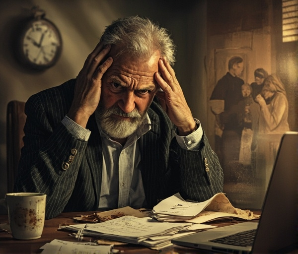Minh họa một người đàn ông trung niên ngồi làm việc trong trạng thái căng thẳng, dễ nổi giận, với tách cà phê bị đổ và đồ đạc lộn xộn, phản ánh câu hỏi về sự mất kiểm soát cảm xúc do áp lực.