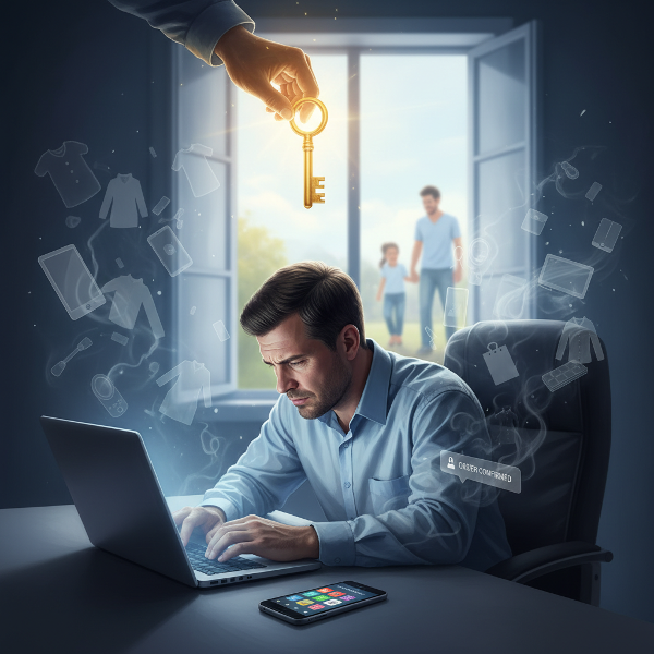 Một chuyên gia IT căng thẳng đang bị cuốn vào mua sắm trực tuyến trên điện thoại, với bàn tay ánh sáng mang đến chìa khóa giải phóng và hình ảnh gia đình hạnh phúc ở phía xa.