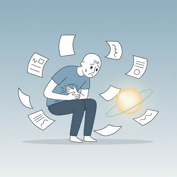 Nhân viên văn phòng đau bụng do stress, bên cạnh là biểu tượng thiền định giúp thư giãn.