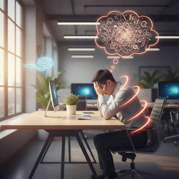 Một quản lý dự án công nghệ nam 41 tuổi đang căng thẳng tại bàn làm việc, với biểu tượng cảm xúc nóng giận, đối lập với ánh sáng ấm áp tượng trưng cho sự điềm tĩnh và giải pháp tâm lý.