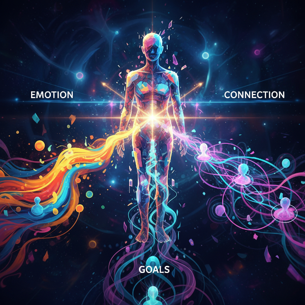 Hình ảnh trừu tượng sống động với ba con đường phát sáng đại diện cho Cảm xúc, Mục tiêu và Kết nối, tượng trưng cho sự lựa chọn nguồn động lực nội tâm.