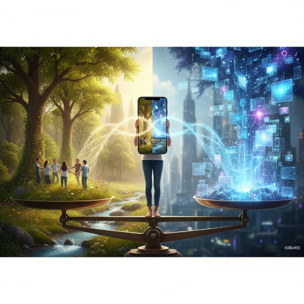 Hình ảnh một người cân bằng giữa thế giới thực với thiên nhiên và thế giới số với màn hình kỹ thuật số, thể hiện sự hài hòa cuộc sống.