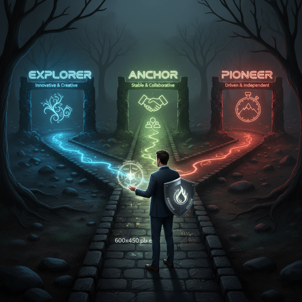 Một người đứng tại ngã rẽ sự nghiệp với nhiều con đường được chiếu sáng bởi các màu sắc khác nhau, tượng trưng cho các phong cách làm việc và giá trị nghề nghiệp khác nhau.